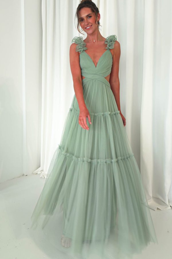 Galiena Ruffle Tulle Maxi Dress | Sage Green Fashion