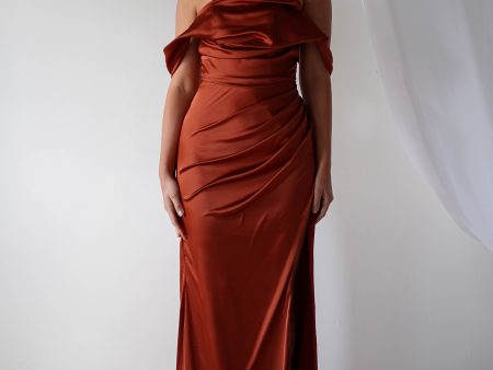 Beth Draped Silky Satin Gown | Rust Fashion