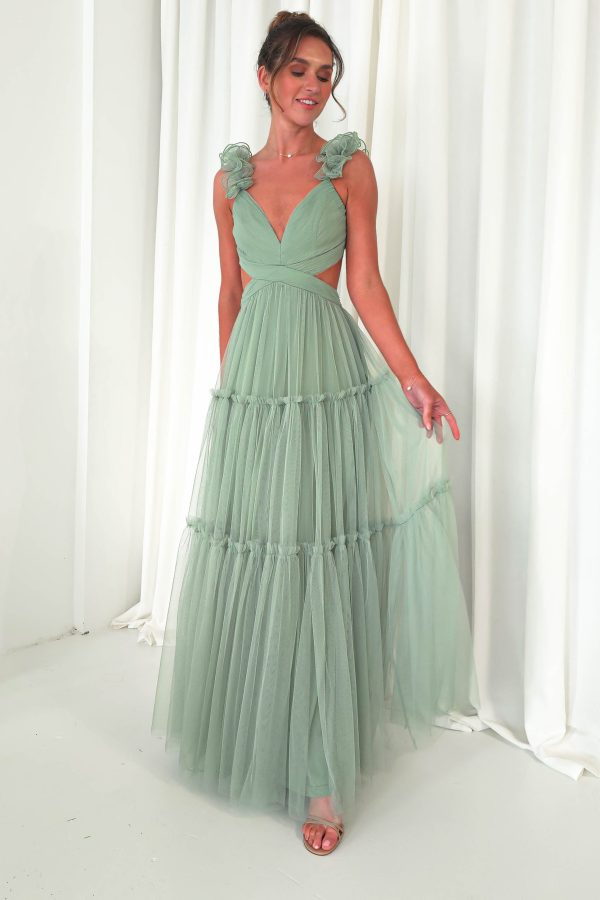 Galiena Ruffle Tulle Maxi Dress | Sage Green Fashion