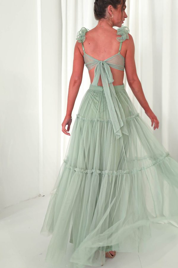 Galiena Ruffle Tulle Maxi Dress | Sage Green Fashion