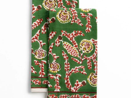 Climbing Dahlia Emerald Green Tea Towel Set of 2 For Sale