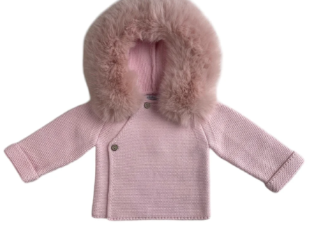 Knit Jacket with Removable Faux Fur- 100% Cotton in Pink For Discount